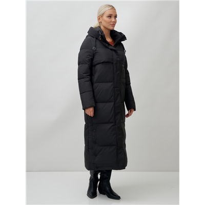 Пальто утепленное стеганное зимнее с капюшоном женское черного цвета 9611Ch