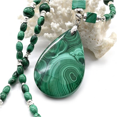 Колье Капля с натуральным малахитом, 51см
