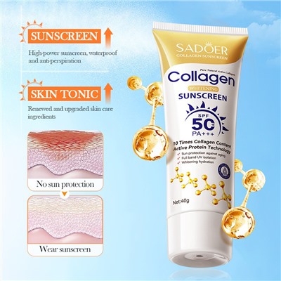 Солнцезащитный крем для лица с коллагеном SPF50+ PA+++ Sadoer, 40 гр.