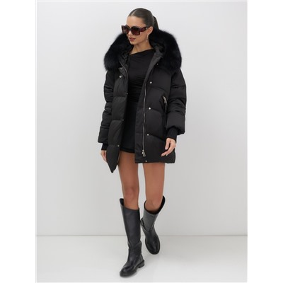 Куртка зимняя женская с мехом и капюшоном тренд черного цвета 7737Ch