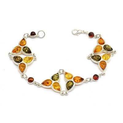 Браслет с янтарём в посеребрении "трилистник" ассорти, 20см