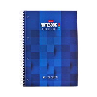 Тетрадь А4, 120 листов в клетку Hatber Blue pixel, на спирали, ламинация Soft-touch, многоуровневая перфорация, трёхцветный разделитель, блок офсет 60-65 г/м²