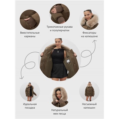 Куртка зимняя женская с мехом и капюшоном тренд горчичного цвета 7658G