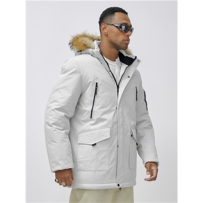 Парка мужская зимняя удлиненная с мехом светло-серого цвета 602_1SS