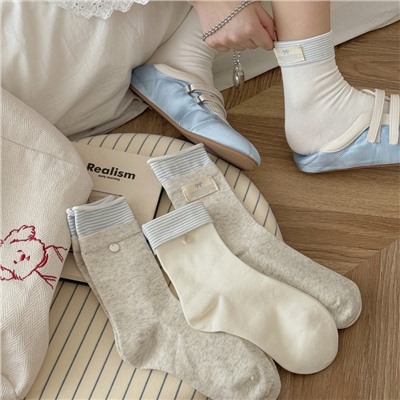 Cotton blue summer thin knee socks with bow, accessory, mid-length