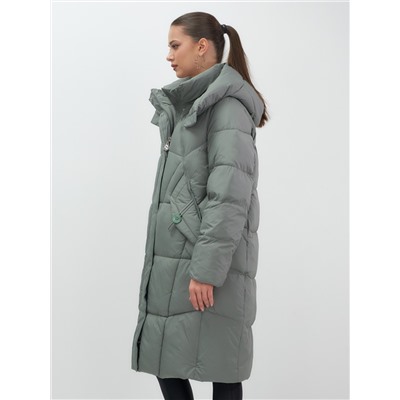 Пальто зимнее утепленное с капюшоном женское цвета хаки 7709Kh