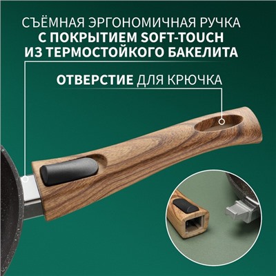 Сковорода Magistro Granit, d=22 см, съёмная ручка soft-touch, антипригарное покрытие, индукция, кованый алюминий, чёрная