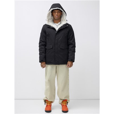 Парка мужская зимняя удлиненная с мехом черного цвета 8755Ch