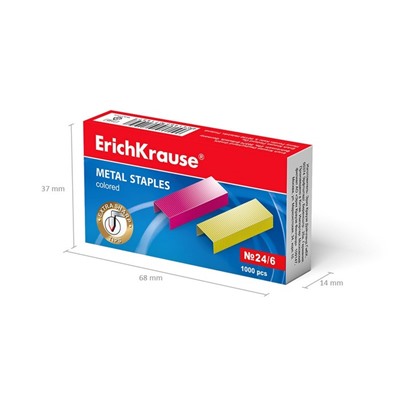 Скобы металлические №24/6, ErichKrause, для степлера 1000 шт., цветные
