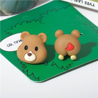 Серьги пластик «Мишка» хвост-сердечко, цветные в серебре