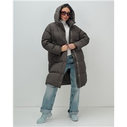 Пальто зимнее утепленное с капюшоном женское темно-коричневого цвета 7618TK