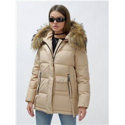 Куртка женская зимняя с мехом енот премиум класса бежевого цвета 3215B