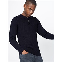 Navy Textured Zip Neck Polo Jumper
