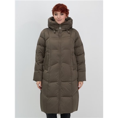 Пальто зимнее утепленное с капюшоном женское коричневого цвета 7702K