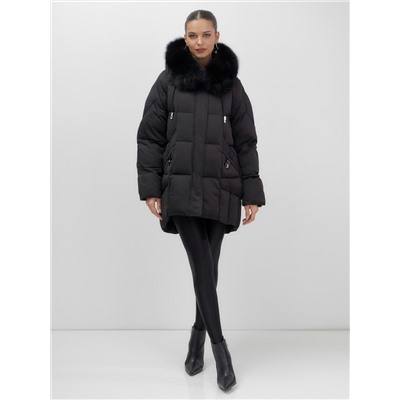 Куртка зимняя женская с мехом и капюшоном тренд черного цвета 7660Ch