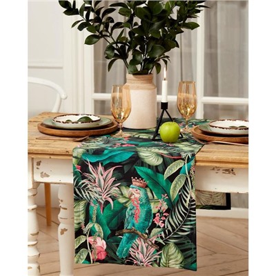 Дорожка на стол Этель Tropical parrots 40×146 см, 100% хлопок, саржа 190 г/м², зелёная/чёрная