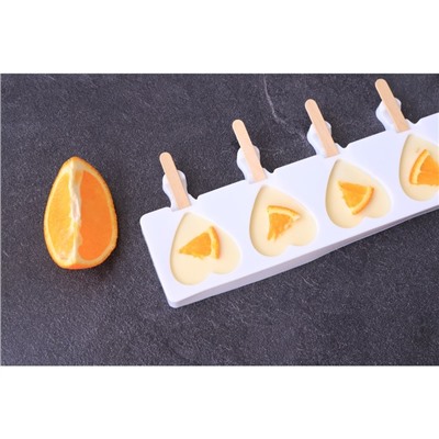 Форма для мороженого Доляна «Сердца. Макси», силикон, 49×6.5×2 см, 8 ячеек, палочки 50 шт., белая