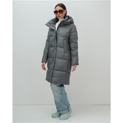Пальто зимнее утепленное с капюшоном женское темно-серого цвета 7618TC