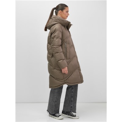 Пальто зимнее утепленное с капюшоном женское коричневого цвета 7747K