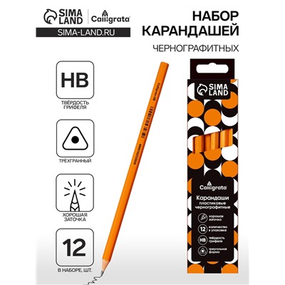 Набор карандашей чернографитных 12 штук, Calligrata Classic, заточенные, пластик, трехгранные, оранжевые