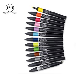 Набор художественных маркеров двухсторонних Winsor&Newton "Pro", пулевидный/скошенный, 2мм/7мм, 12цв.+1 блендер