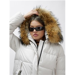 Куртка женская зимняя с мехом енот премиум класса светло-бежевого цвета 3215SB