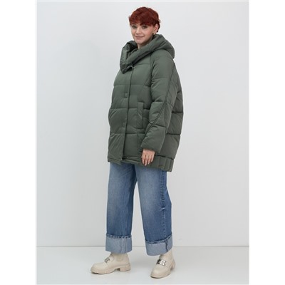 Куртка зимняя женская с капюшоном модная цвета хаки 7651Kh