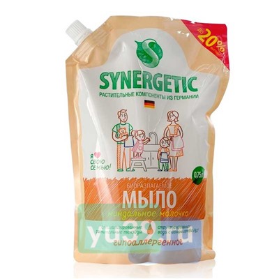 SYNERGETIC ДОЙ-ПАК Мыло жидкое для мытья рук и тела с ароматом Миндальное молочко биоразлагаемое, 750 мл.