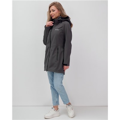 Парка спортивная женская с капюшоном softshell темно-серого цвета 9568TC