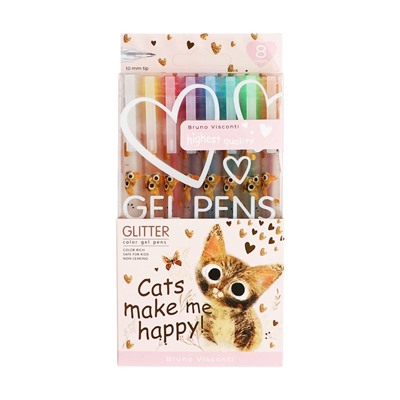 Набор гелевых ручек 8цв GLITTER. LOVE ME. Милый котик, 1.0мм, с блестками