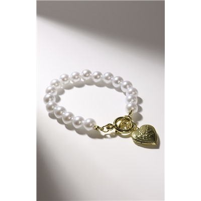 Браслет жемчуг «Сердечко» для фото, шар №10, белый в золоте, L=21 см