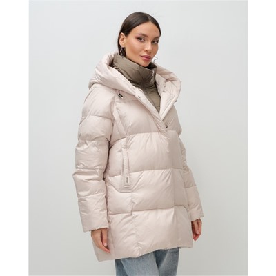 Куртка двубортная женская зимняя с капюшоном бежевого цвета 7736B