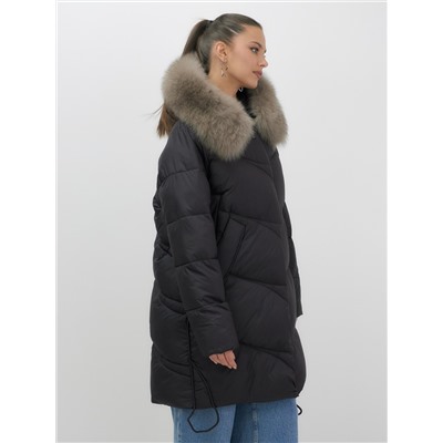 Пальто зимнее утепленное с мехом и капюшоном тренд черного цвета 7745Ch