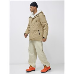 Парка мужская зимняя удлиненная с мехом горчичного цвета 8755G