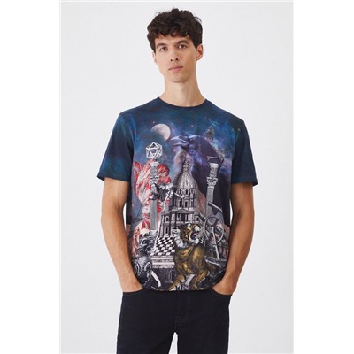 T-shirt bawełniany męski z domieszką elastanu wzorzysty  kolor multicolor