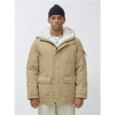 Парка мужская зимняя удлиненная с мехом горчичного цвета 8751G