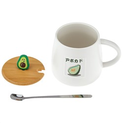 Кружка фарфоровая "Гурман-2" "Авокадо" 400мл, д9,7см h9см, матовая глазурь, с деколью, цвет - белый, ложка нерж. 14,7см, бамбуковая крышка с декором, д/горла 7,8см, д/основания 8,5см, в коробке (Китай)