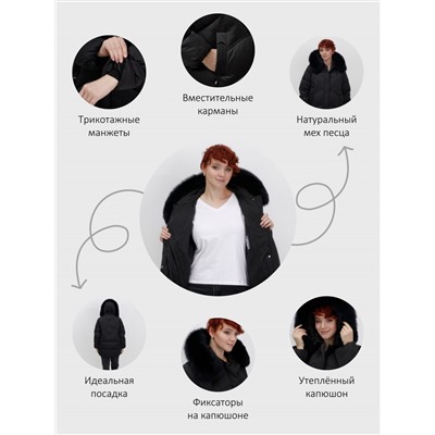 Куртка зимняя женская с мехом и капюшоном тренд черного цвета 7656Ch