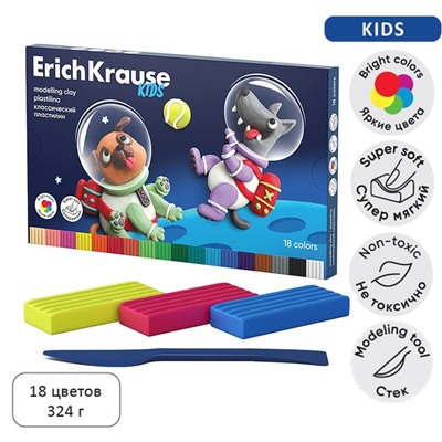 Пластилин 18 цветов, 324 г, ErichKrause "Kids Space Animals", со стеком, в картонной упаковке