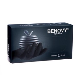 Перчатки Benovy, нитриловые, чёрные, 3 г, L, 50 пар/уп