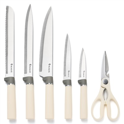 НАБОР AGNESS ИЗ 11ПР: 5 НОЖЕЙ,ПОЛОВНИК,ЛОПАТКА,ШУМОВКА,ПОДСТАВКА,НОЖЕТОЧКА,НОЖНИЦЫ, ЦВЕТ:БЕЛЫЙ/СЕРЫЙ