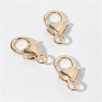 Замок карабин «Сердечко», гладкое, 3 шт. 14×26 мм, цвет золото