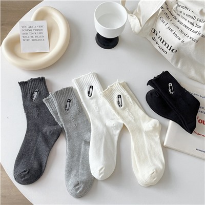 White pin, colored demi-season cotton trend sports knee socks, with embroidery, internet celebrity