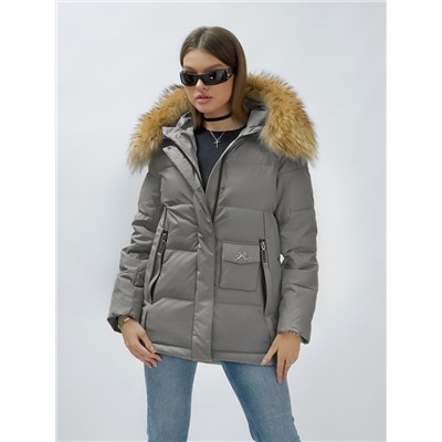 Куртка женская зимняя с мехом енот премиум класса серого цвета 3215Sr