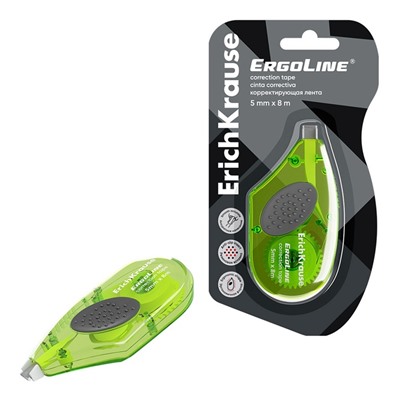 Корректирующая лента 5 мм × 8 м, ErichKrause ErgoLine, с резиновой вставкой, корпус салатовый, блистер