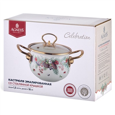 КАСТРЮЛЯ ЭМАЛИРОВАННАЯ AGNESS СО СТЕКЛЯННОЙ КРЫШКОЙ СЕРИЯ "CELEBRATION", 1.5 Л, 16*10 СМ