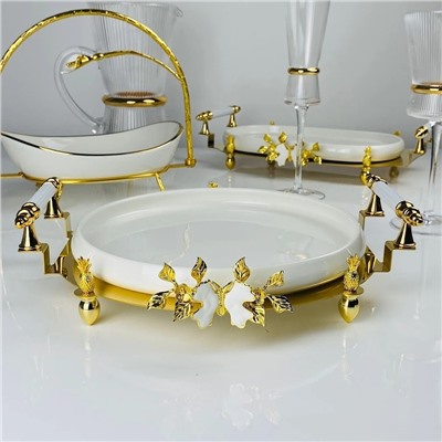 163-039 Круглое блюдо 25,5см на подставке в под.уп.(х12)Фарфор, металл