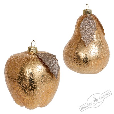 Груша/Яблоко золотые с льдинками, асс. из 2-х (стекло) 7х7х10 см