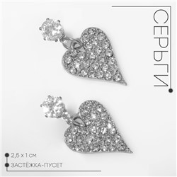 Серьги со стразами «Сердце» изящное, цвет белый в серебре