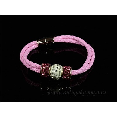 Браслет шамбала шарик14мм на двойной косичке цв.розовый